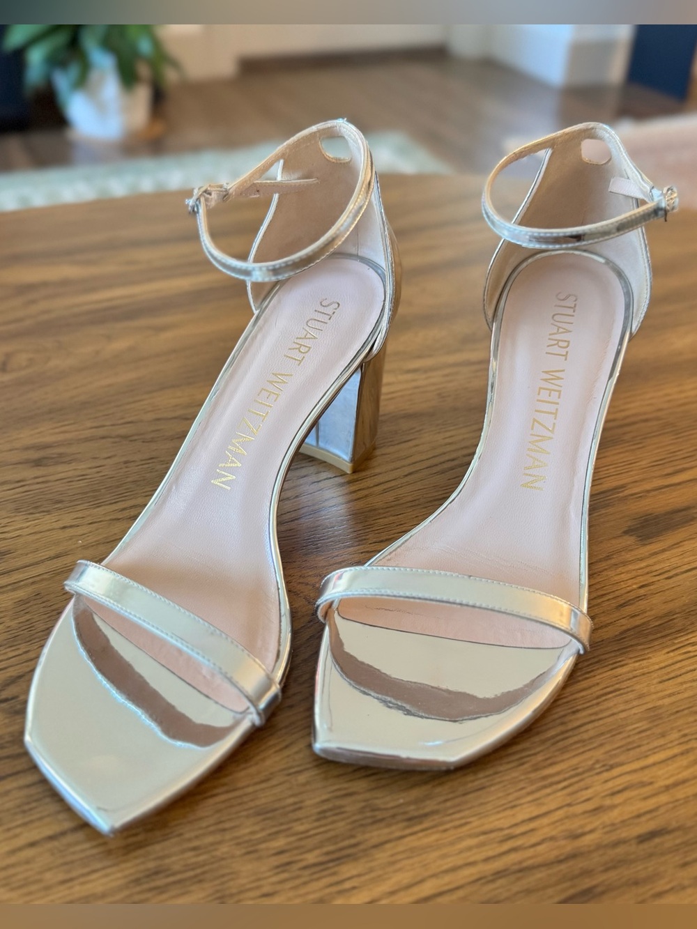 Stuart Weitzman Metallic Gold Ankle-Strap Block Heels